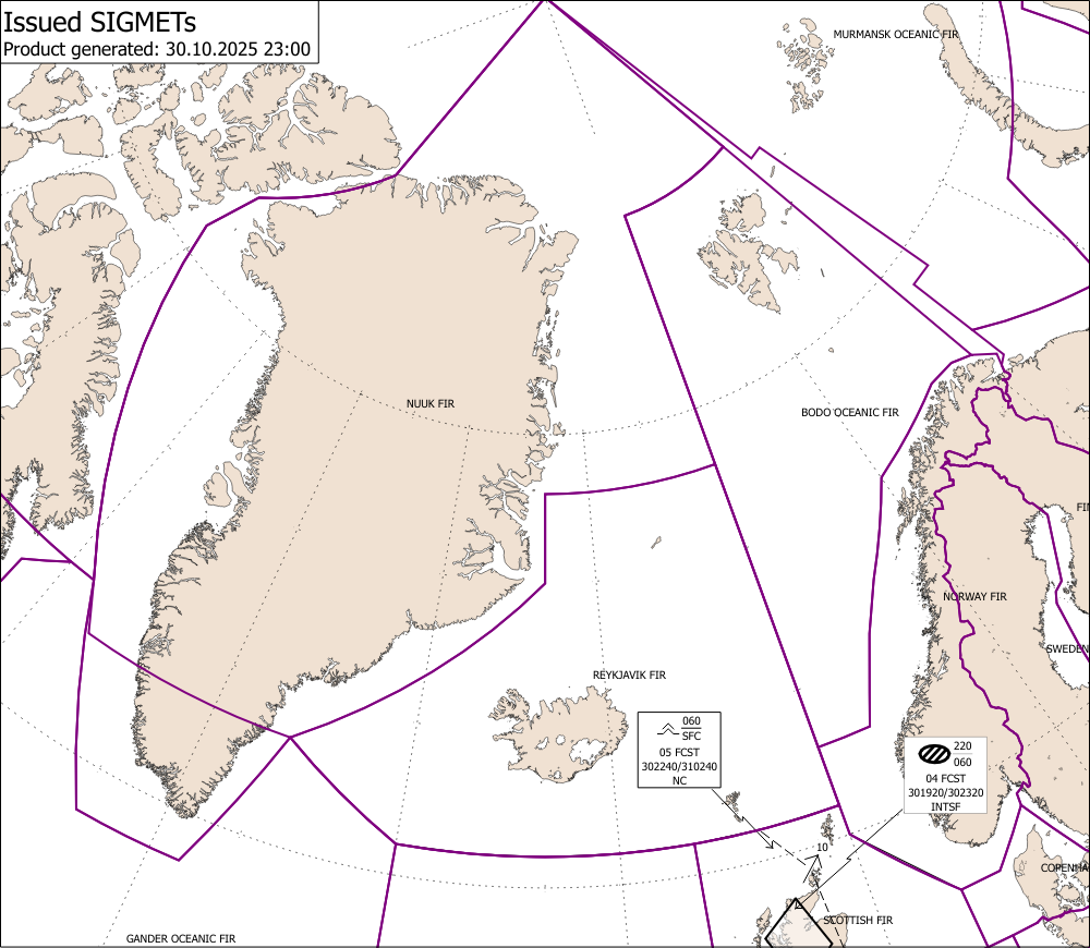 SIGMET skeyti.  Myndin uppfærist á klukkutíma fresti með nýjustu upplýsingum um útgefin SIGMET skeyti.