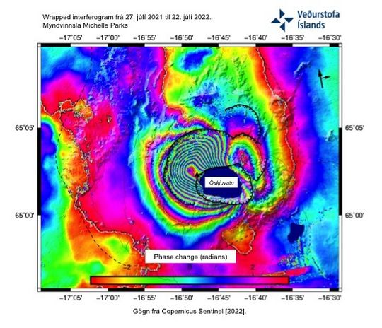 Sentinel-1 bylgjuvíxlmynd frá Öskju - tímabilið frá 27. júlí 2021 til 22. júlí 2022