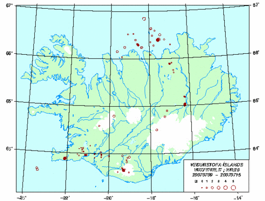 Jarðskjálftayfirlit vikuna 9. - 15. júlí 2007