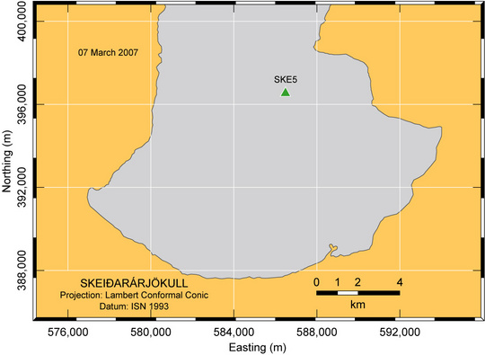 Kort sem sýnir staðsetningu GPS stöðvar á Skeiðarársandi