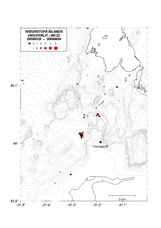 Kort sem sýnir jarðskjálfta norðvestur af Hveragerði, 29. maí 2006