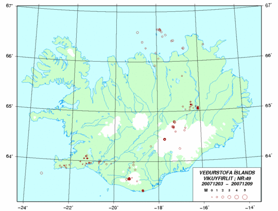 Jarðskjálftakort af Íslandi 3. - 9. desember 2007