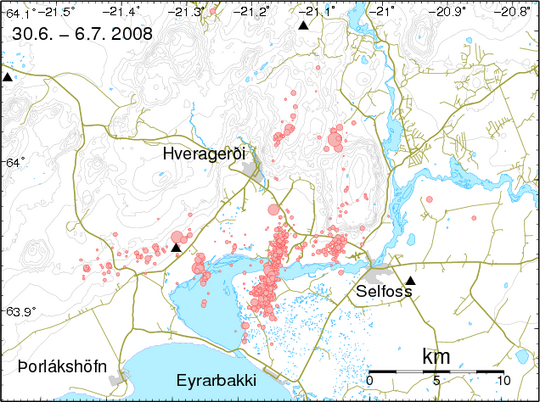 Eftirskjálftavirkni í Ölfusi og Flóa 30.6.-6.7. 2008.