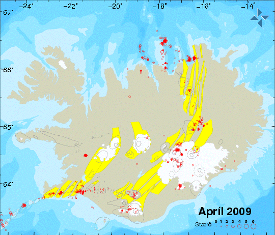 kort af upptökum jarðskjálfta