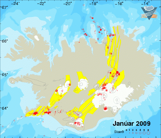 kort af Íslandi - skjálftar táknaðir með misstórum hringum