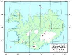 Íslandskort með misstórum hringum sem tákna jarðskjálfta