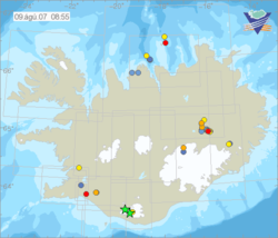 Skjálftastjörnur í Mýrdalsjökli 9. ágúst 2007