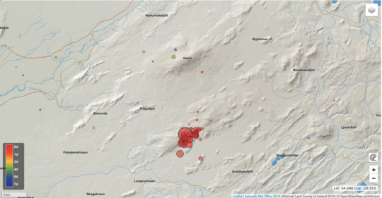 Myndin sýnir yfirfarna skjálfta sem hafa mælst í Vatnafjöllum í dag
