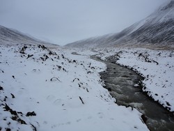 aurskriða þakin snjó