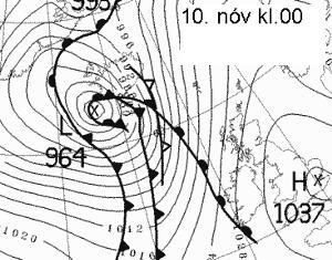 Veðurkort frá Bresku Veðurstofunni af Íslandi og nágrenni. Sýnir greininguna á veðrakerfunum í kringum landið á miðnætti þann 10. nóvember