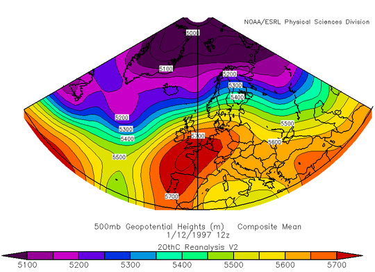 500 hPa kort 12. janúar 1997