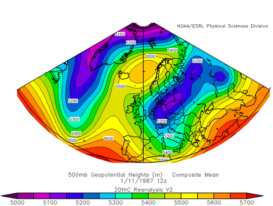 500 hPa kort 11. janúar 1987