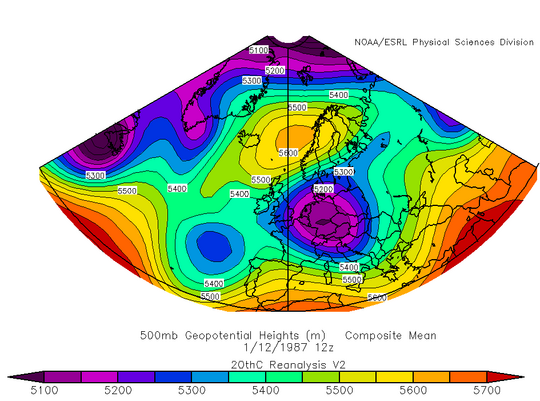 500 hPa kort 12. janúar 1987