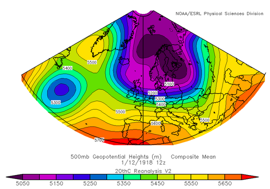 500 hPa kort 12. janúar 1918