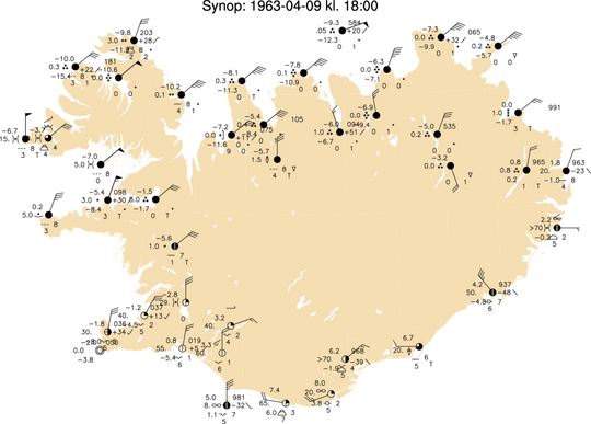 Íslandskort 9.apríl 1963 kl.18