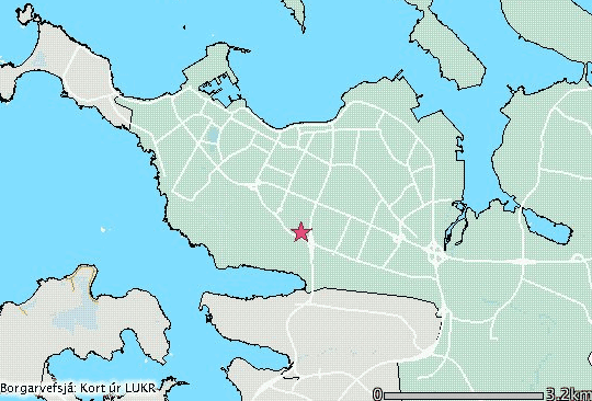 Gróft götukort af Reykjavík. Einungis stofngötur sjást, staðsetning Veðurstofunnar er merkt inn á kortið.