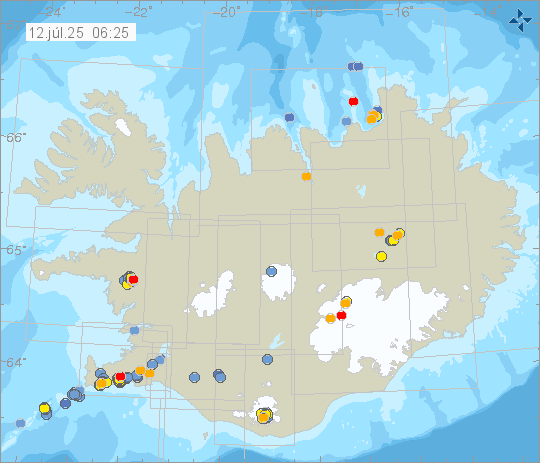 Kort með staðsetningum jarðskjálfta