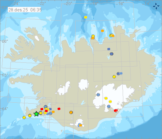 Kort með staðsetningum jarðskjálfta