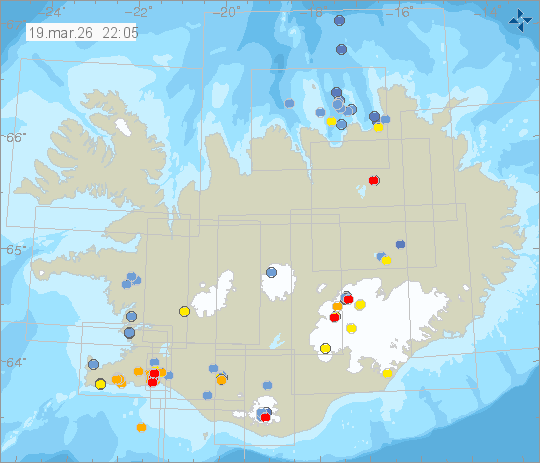 Kort með staðsetningum jarðskjálfta