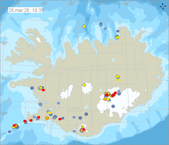Kort með staðsetningum jarðskjálfta