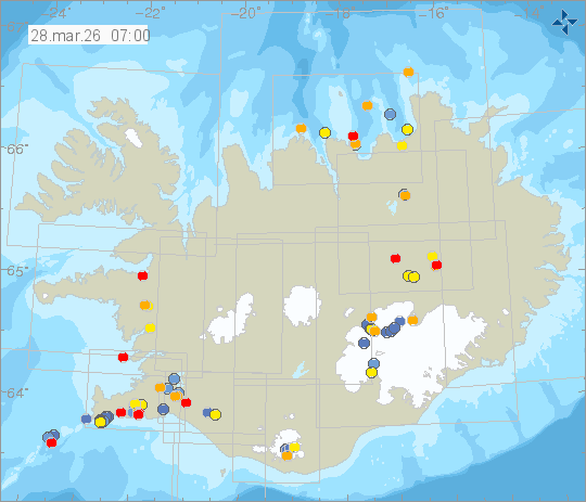 Kort með staðsetningum jarðskjálfta
