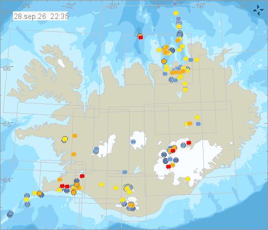 Kort með staðsetningum jarðskjálfta