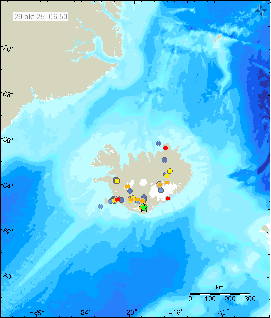 Kort með staðsetningum jarðskjálfta
