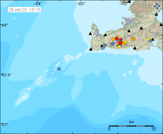 Kort með staðsetningum jarðskjálfta