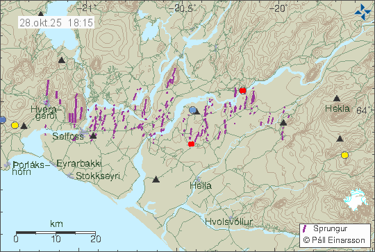 Kort með staðsetningum jarðskjálfta