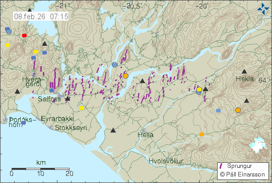 Kort með staðsetningum jarðskjálfta