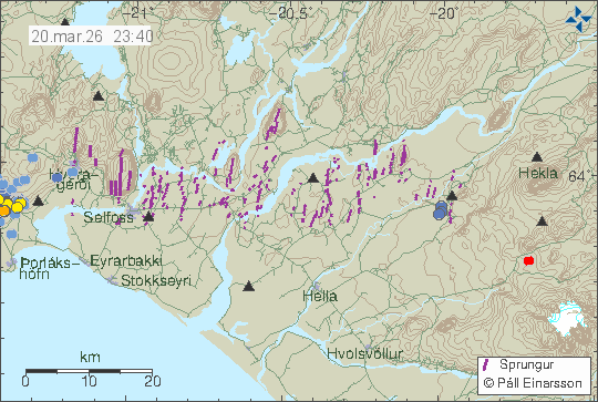 Kort með staðsetningum jarðskjálfta