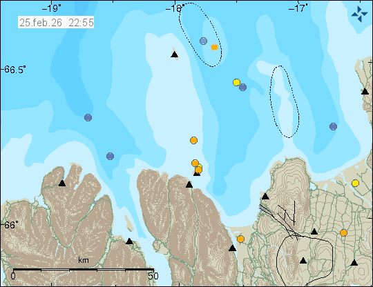 Kort með staðsetningum jarðskjálfta