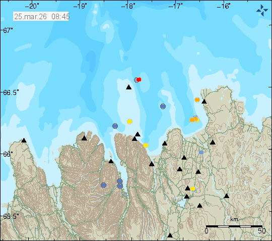 Kort með staðsetningum jarðskjálfta