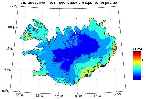 Mismunur á meðalhita í september og október