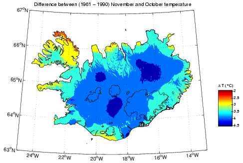 Mismunur á meðalhita í október og nóvember