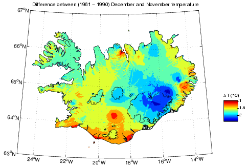 Mismunur á meðalhita í nóvember og desember