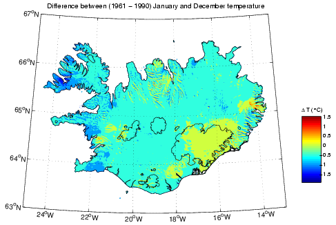 Mismunur á meðalhita í desember og janúar