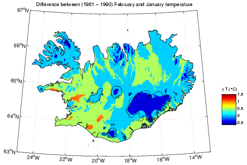 Mismunur á meðalhita í janúar og febrúar