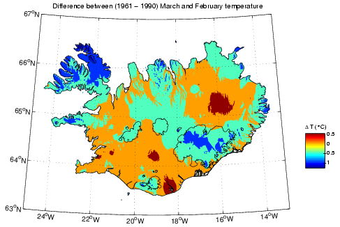 Mismunur á meðalhita í febrúar og mars