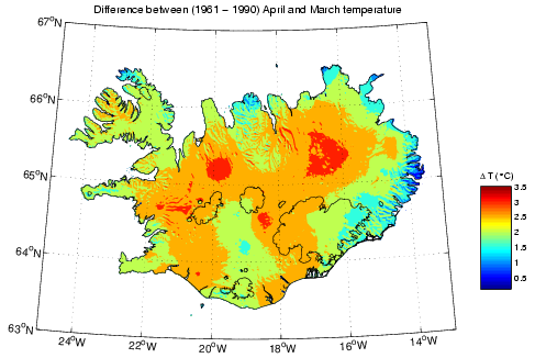 Mismunur á meðalhita í mars og apríl