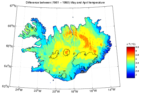 Mismunur á meðalhita í apríl og maí