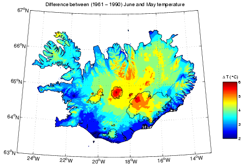Mismunur á meðalhita í maí og júní