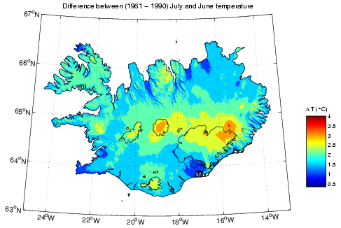 Mismumur á meðalhita júní og júlí