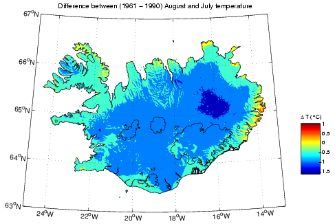 Mismunur á meðalhita í júlí og ágúst