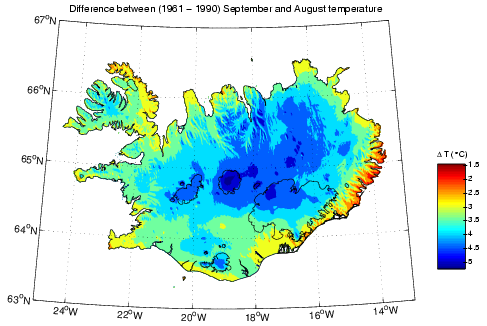 Mismunur á meðalhita í ágúst og september