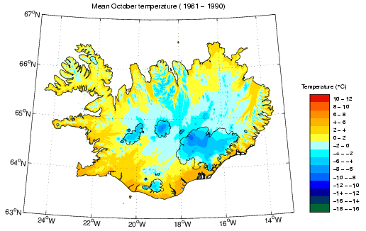 Meðalhiti í október 1961-1990