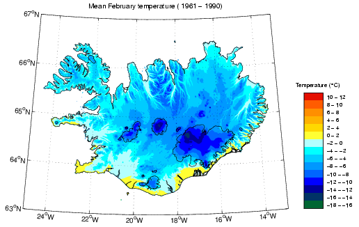 Meðalhiti í febrúar 1961-1990