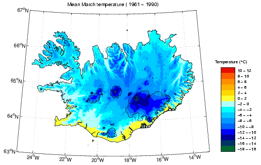 Meðalhiti í mars 1961-1990