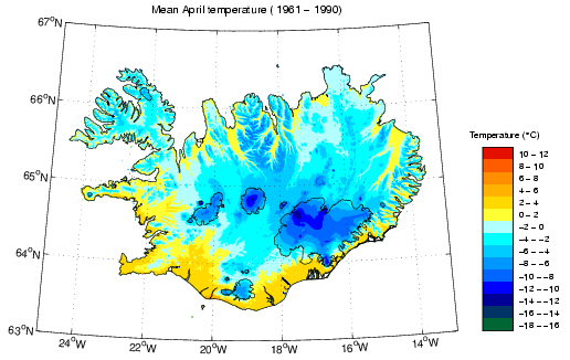 Meðalhiti í apríl 1961-1990