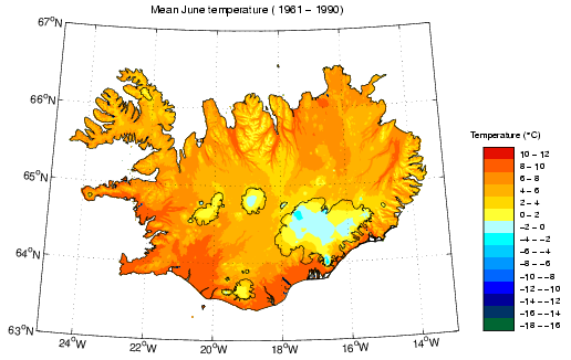 Meðalhiti í júní 1961-1990